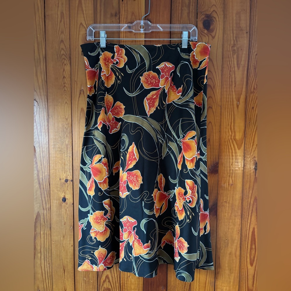 Amanda Smith Black A-Line 100% Silk Floral Print Skirt size 14